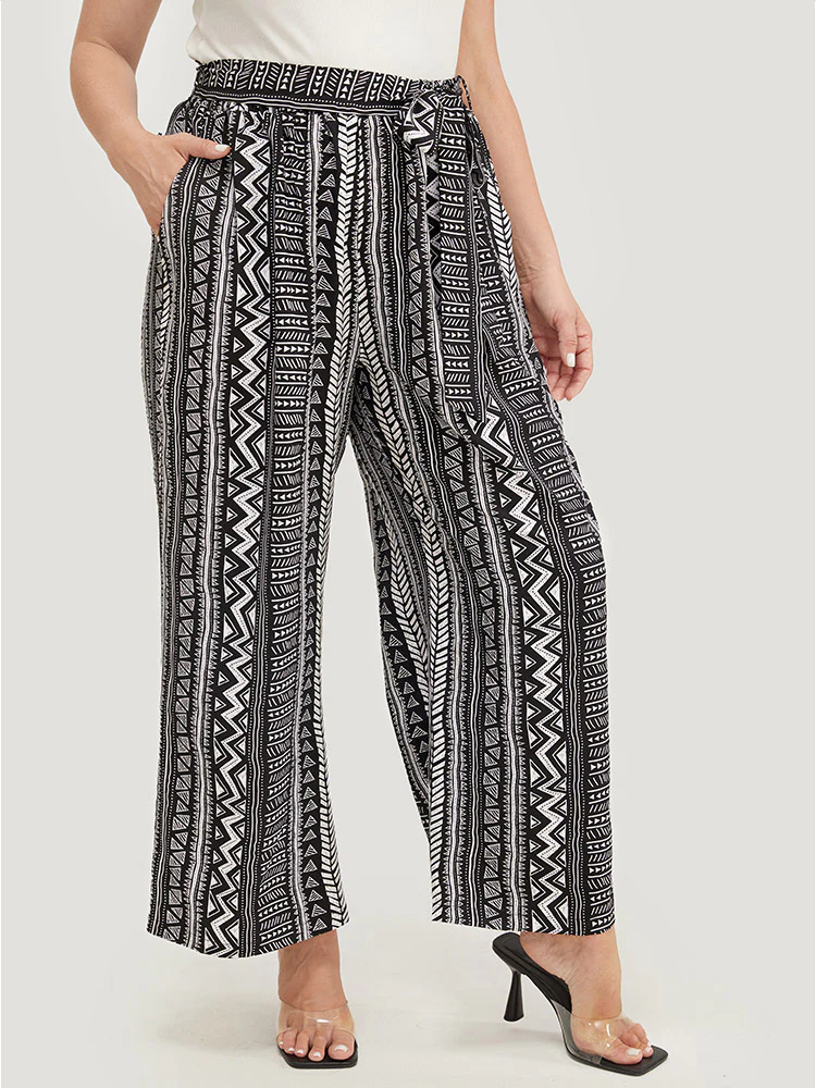Geometric & Striped Print Belt Pocket Pants - Image 4