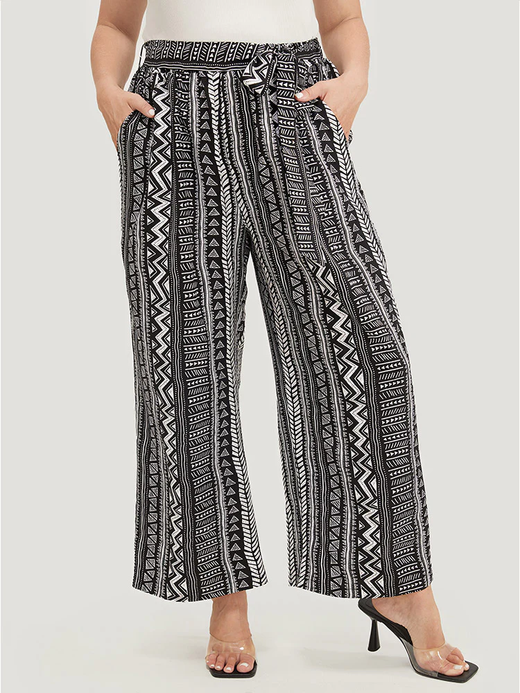 Geometric & Striped Print Belt Pocket Pants - Image 5