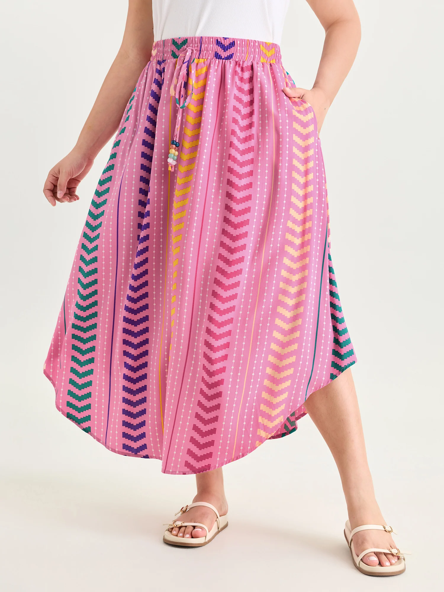 Geometric Striped Print Drawstring Maxi Skirt - Image 2