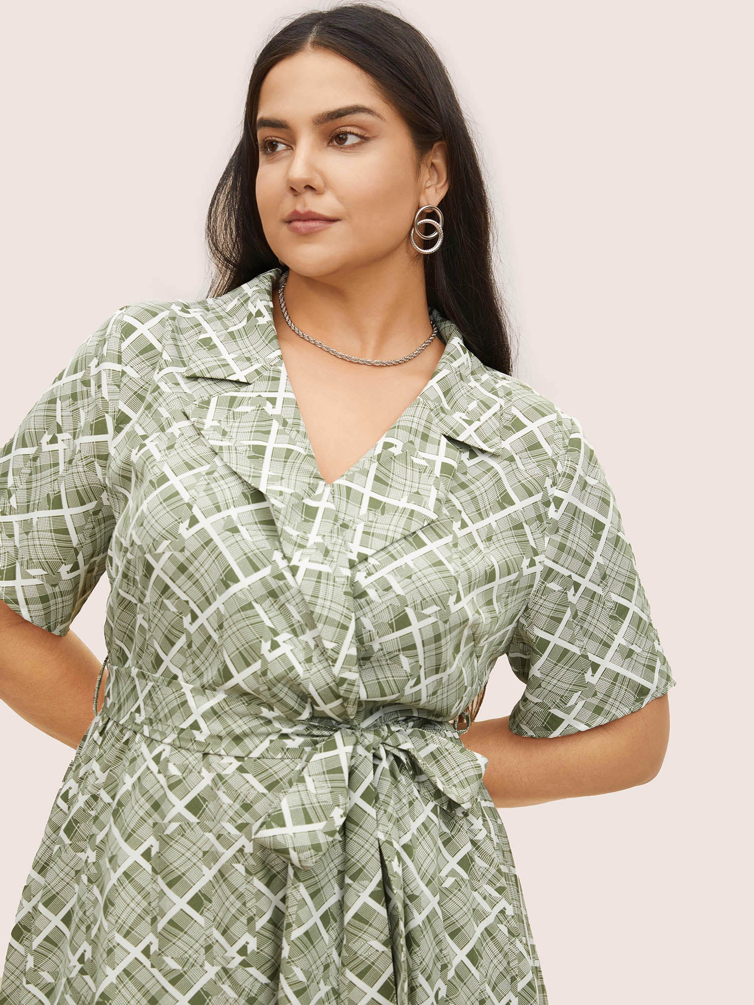 Geometric Suit Collar Button Up Belted Dress - Image 2