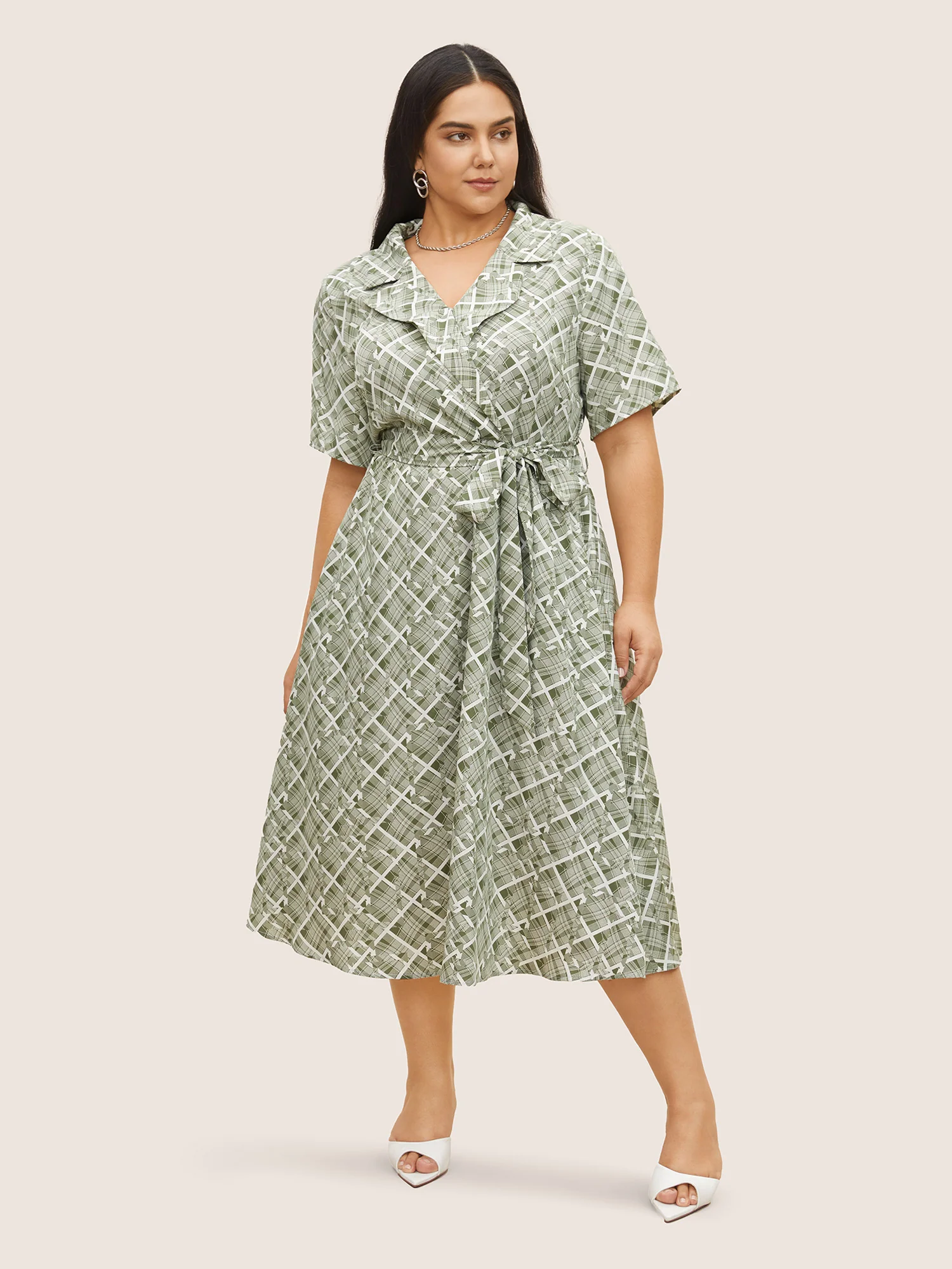 Geometric Suit Collar Button Up Belted Dress - Image 3