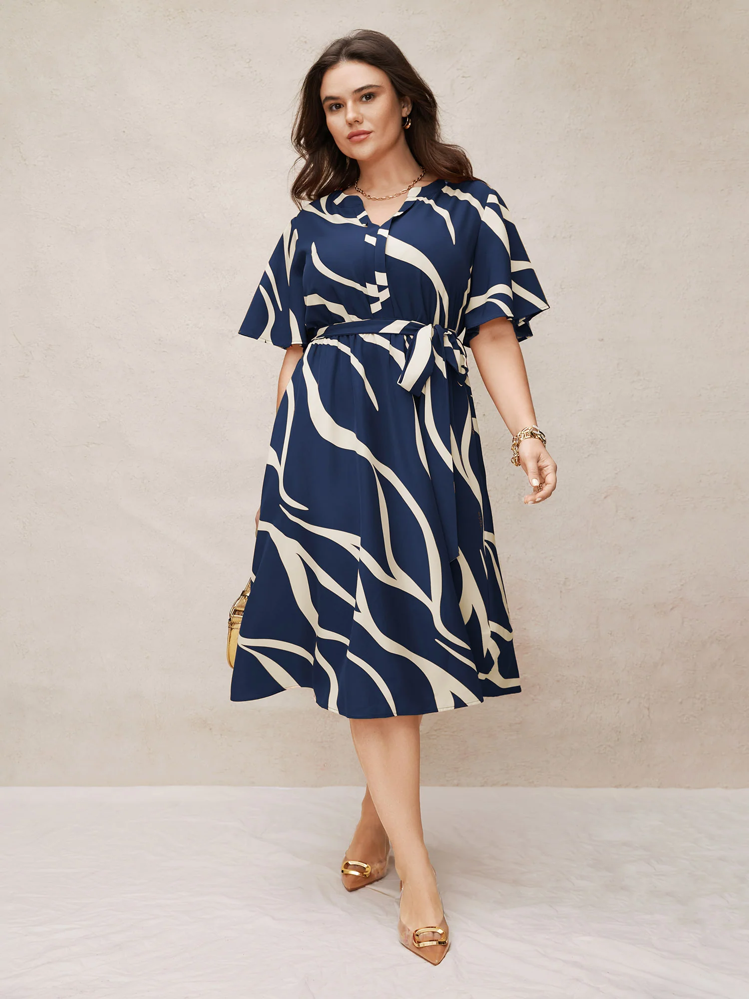 Geometric Surplice Neck Tie Knot Midi Dress - Image 2