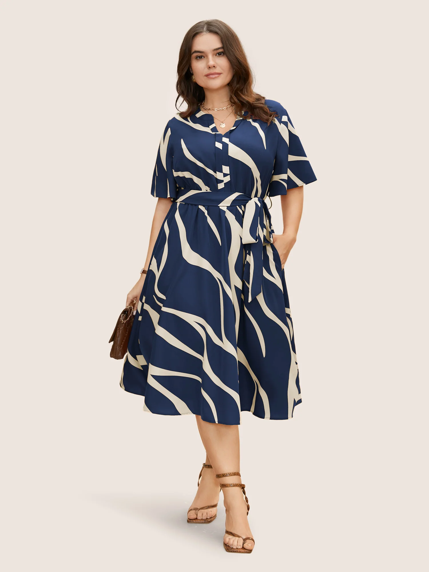 Geometric Surplice Neck Tie Knot Midi Dress - Image 3