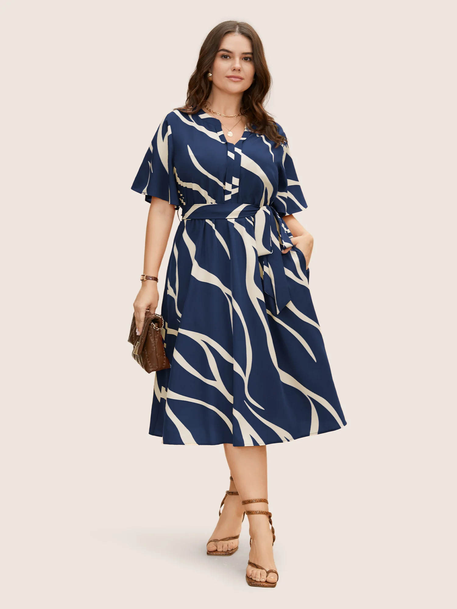 Geometric Surplice Neck Tie Knot Midi Dress - Image 4