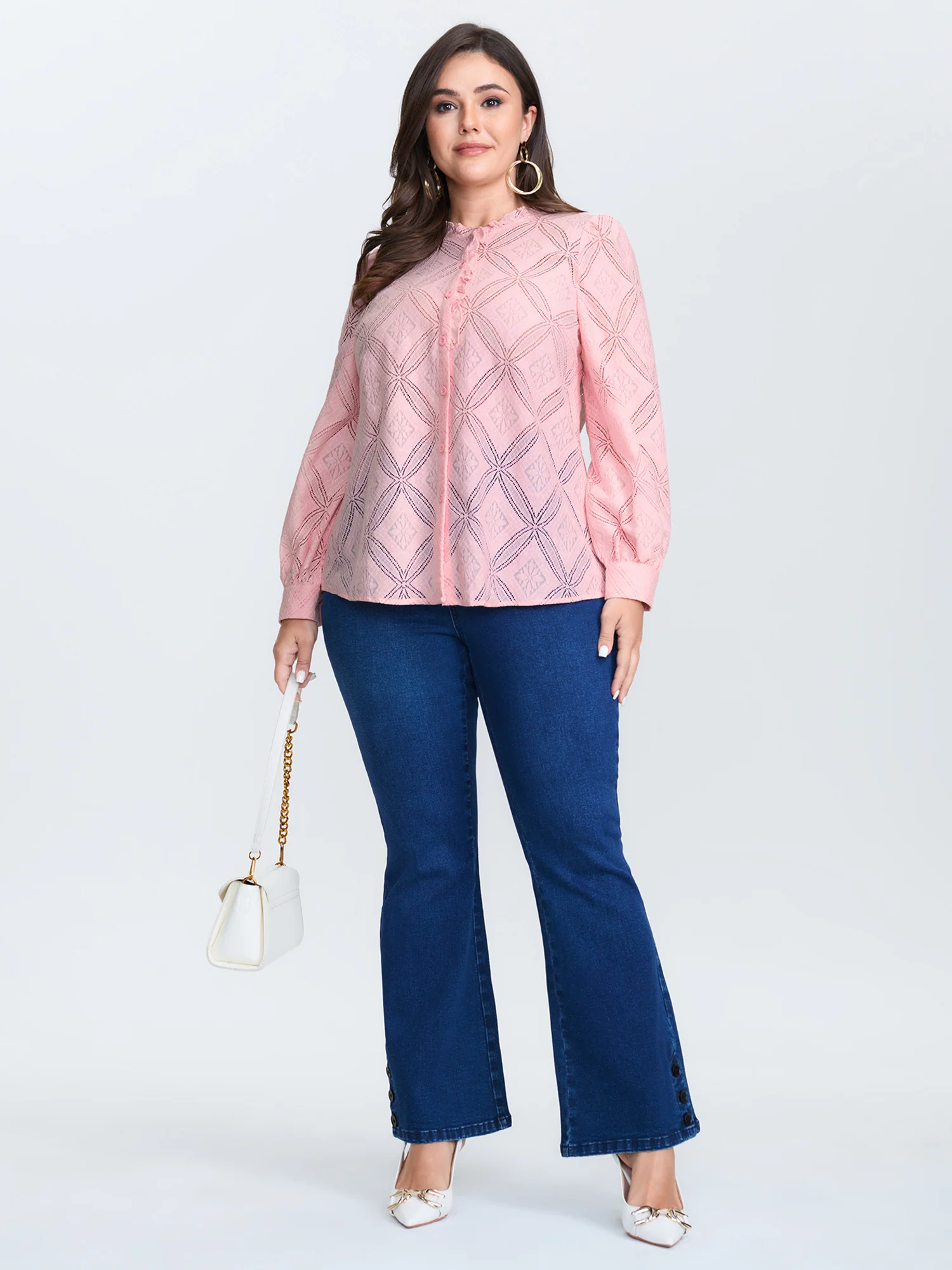 Geometric Texture Lace Trim Blouse - Image 3