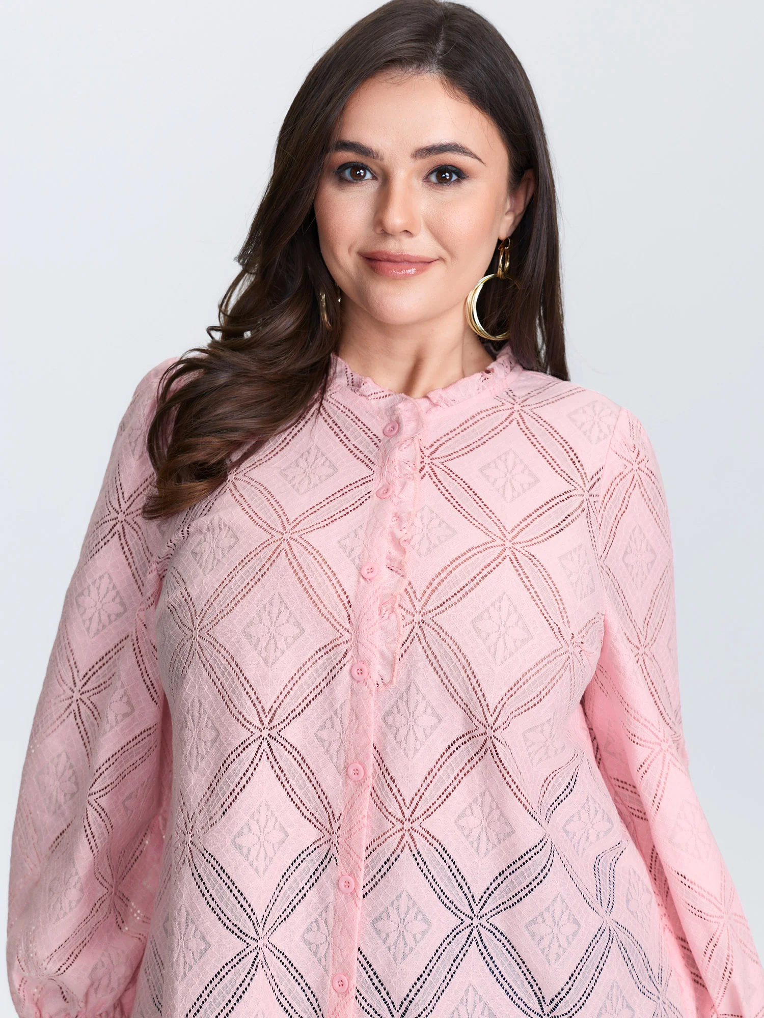 Geometric Texture Lace Trim Blouse - Image 4