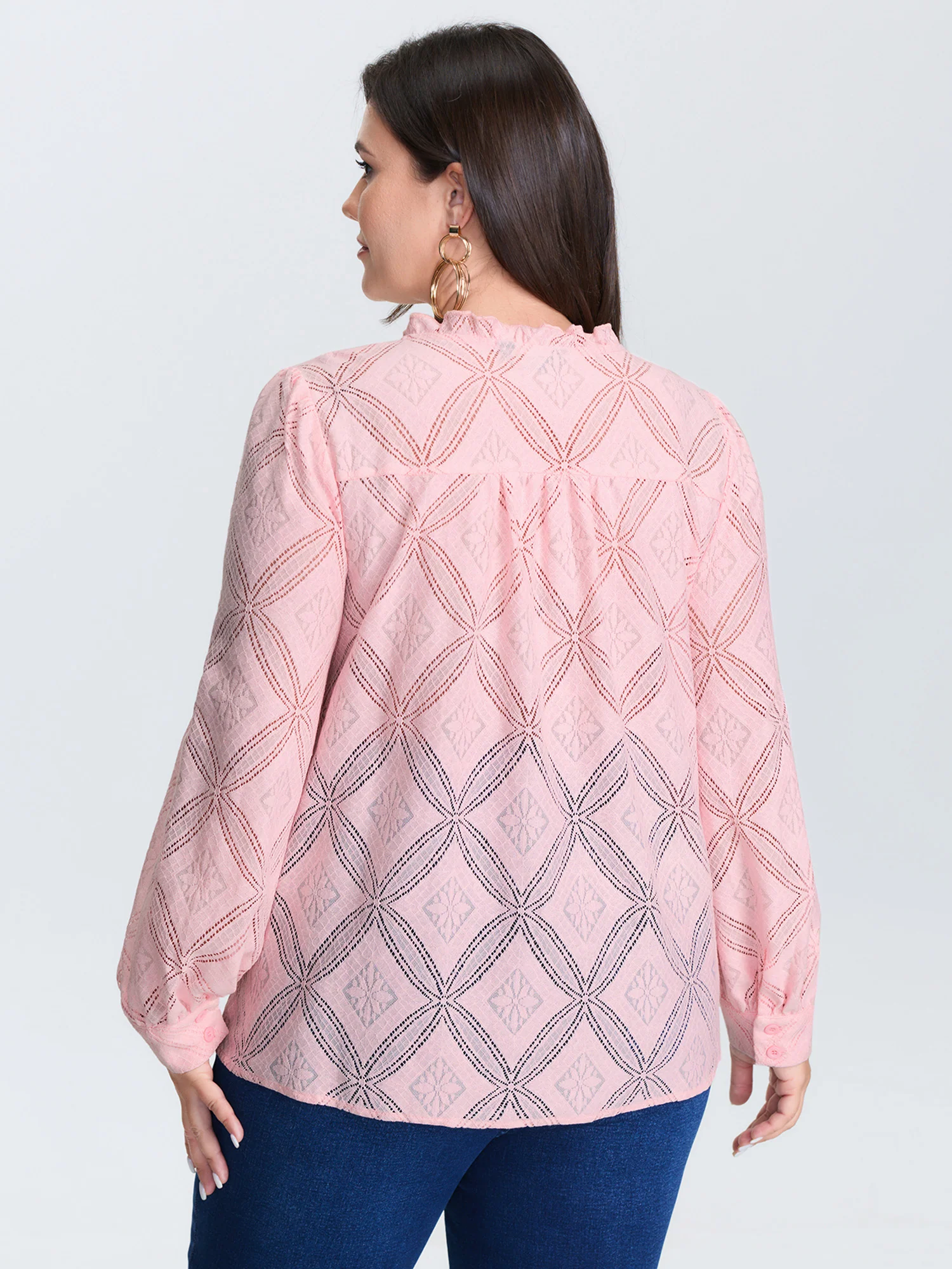 Geometric Texture Lace Trim Blouse - Image 5