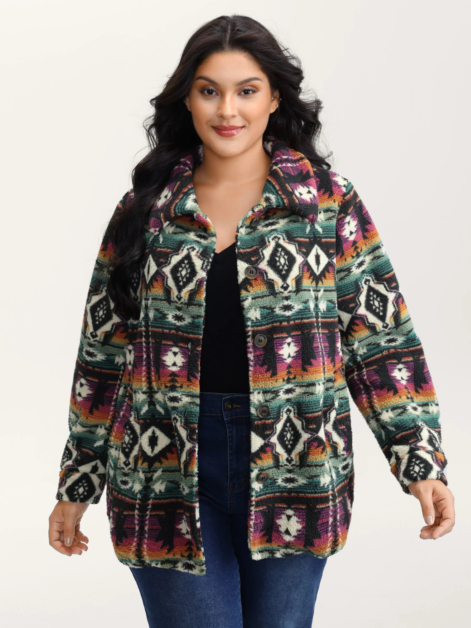 Geometric Velvet Button Pockets Coat - Image 2