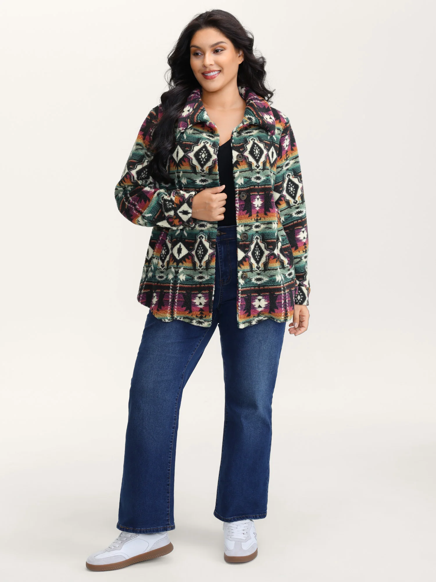 Geometric Velvet Button Pockets Coat - Image 3