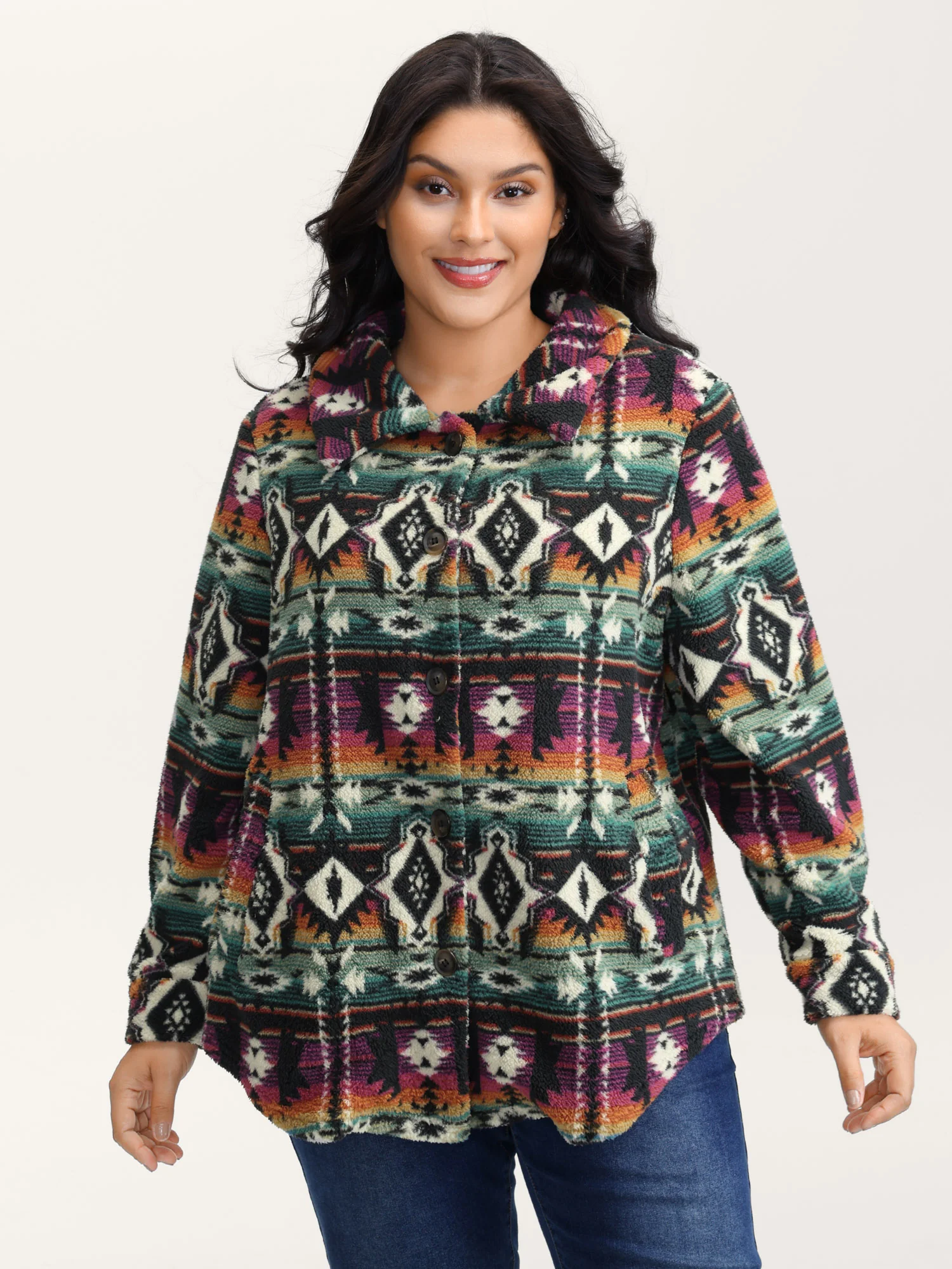 Geometric Velvet Button Pockets Coat - Image 4
