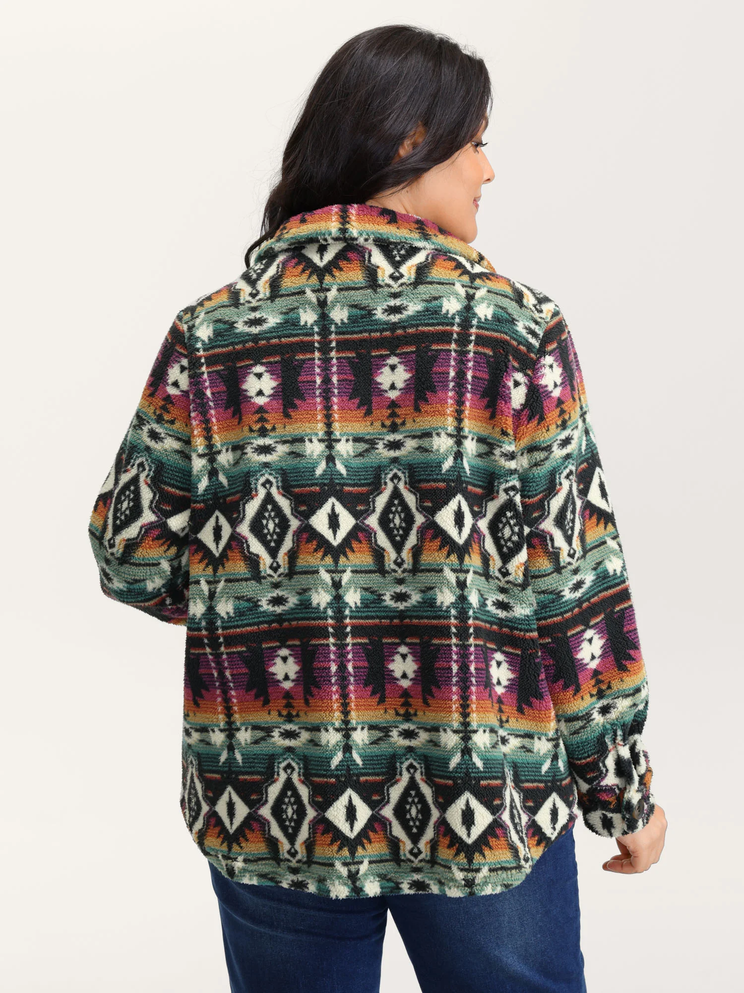 Geometric Velvet Button Pockets Coat - Image 5