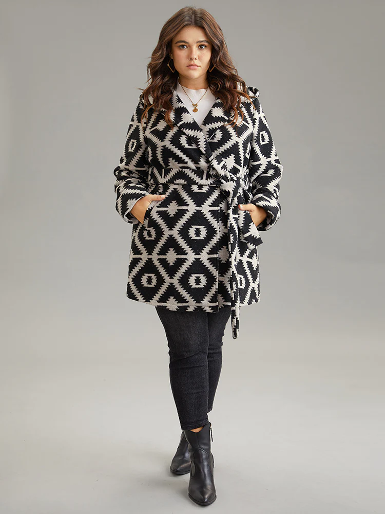 Geometric Lapel Collar Pocket Belted Coat - Image 3