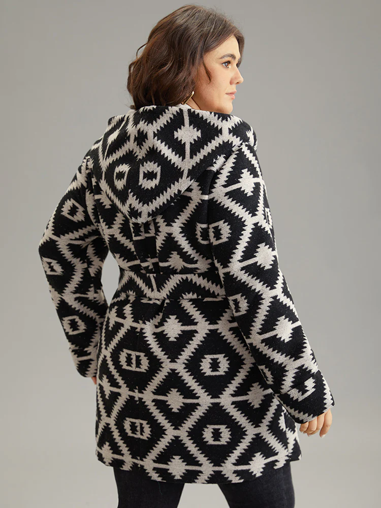 Geometric Lapel Collar Pocket Belted Coat - Image 4
