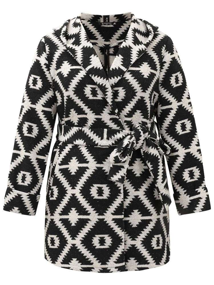 Geometric Lapel Collar Pocket Belted Coat - Image 6