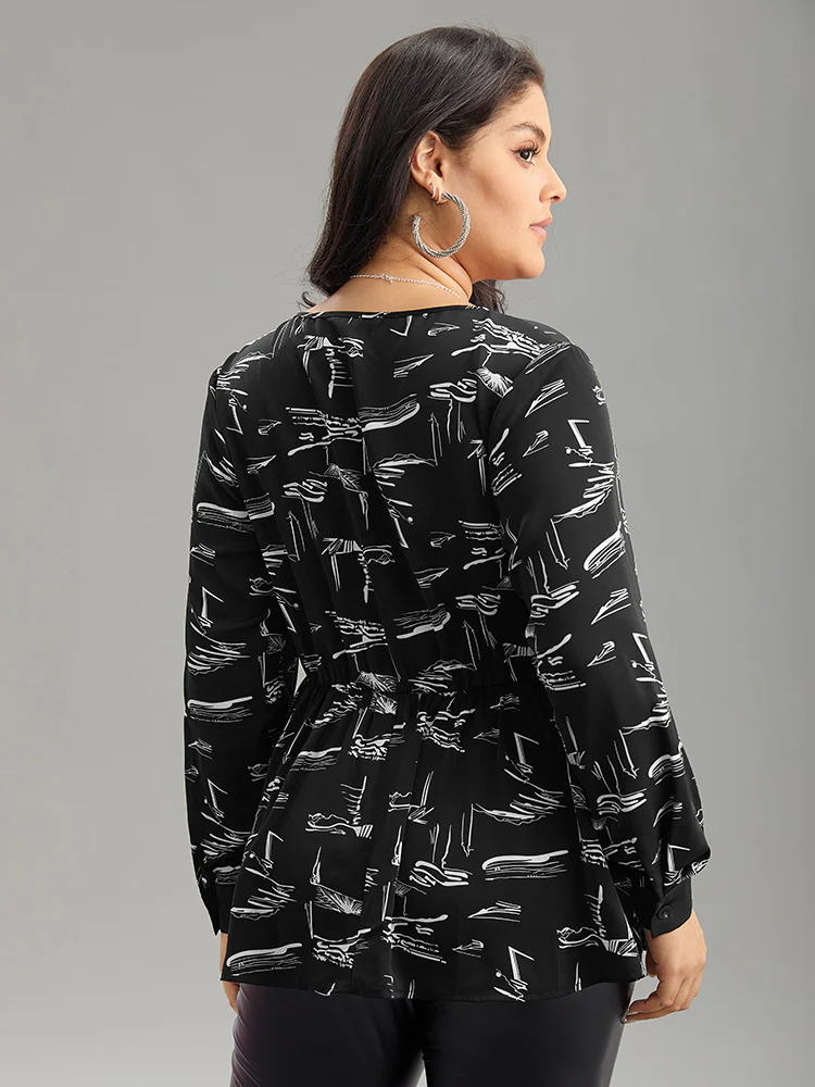 Geometric Wrap Elastic Waist Ruffle Hem Blouse - Image 2
