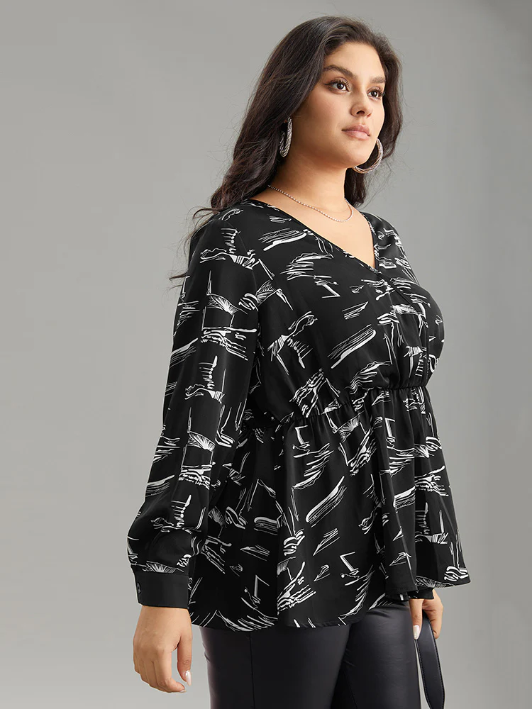 Geometric Wrap Elastic Waist Ruffle Hem Blouse - Image 3