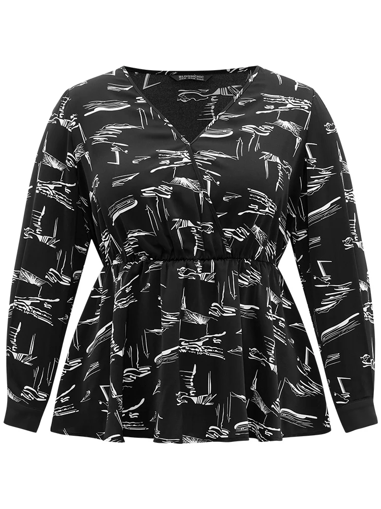 Geometric Wrap Elastic Waist Ruffle Hem Blouse - Image 8