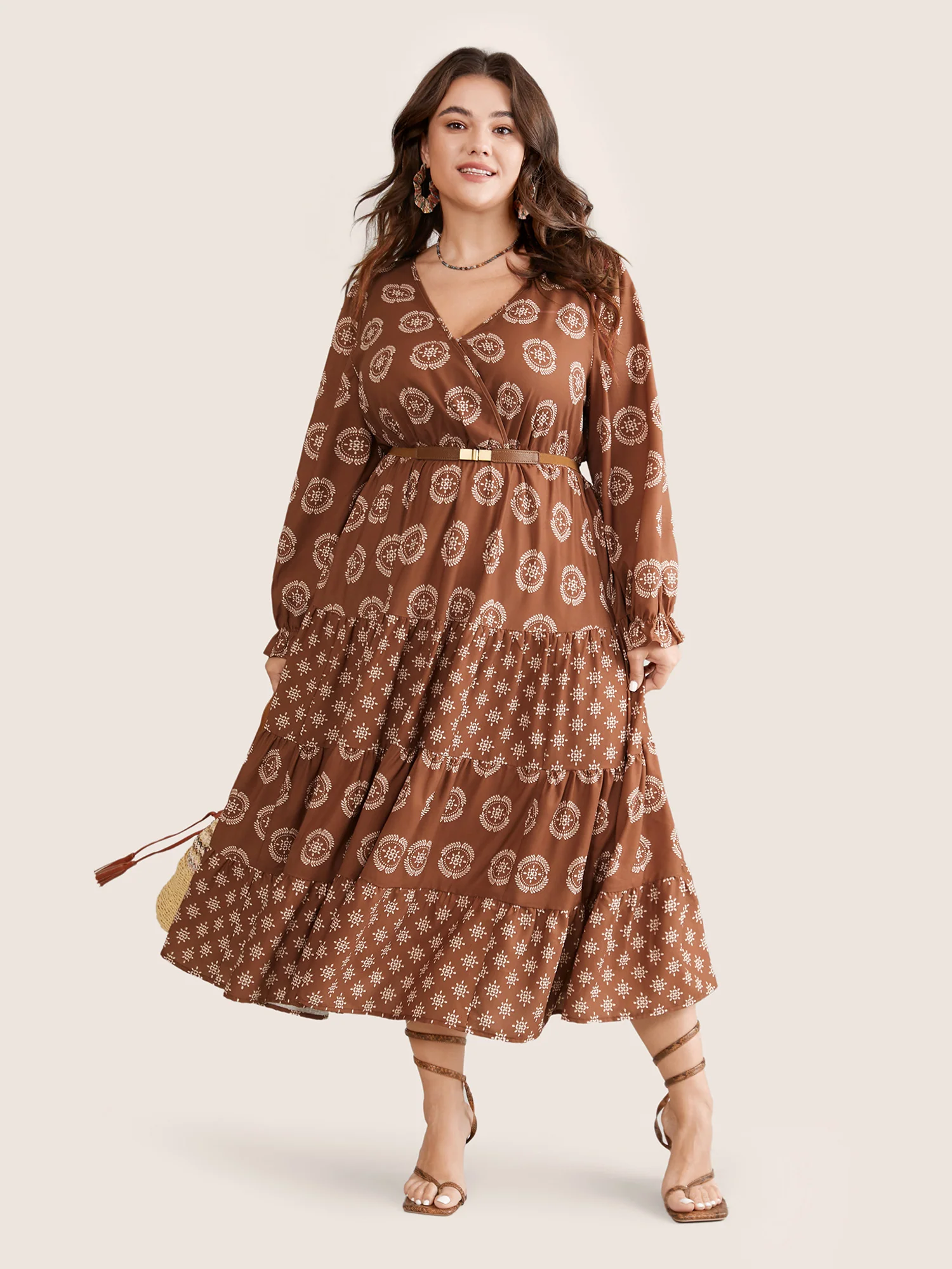 Geometric Wrap Ruffle Layered Hem Dress - Image 2