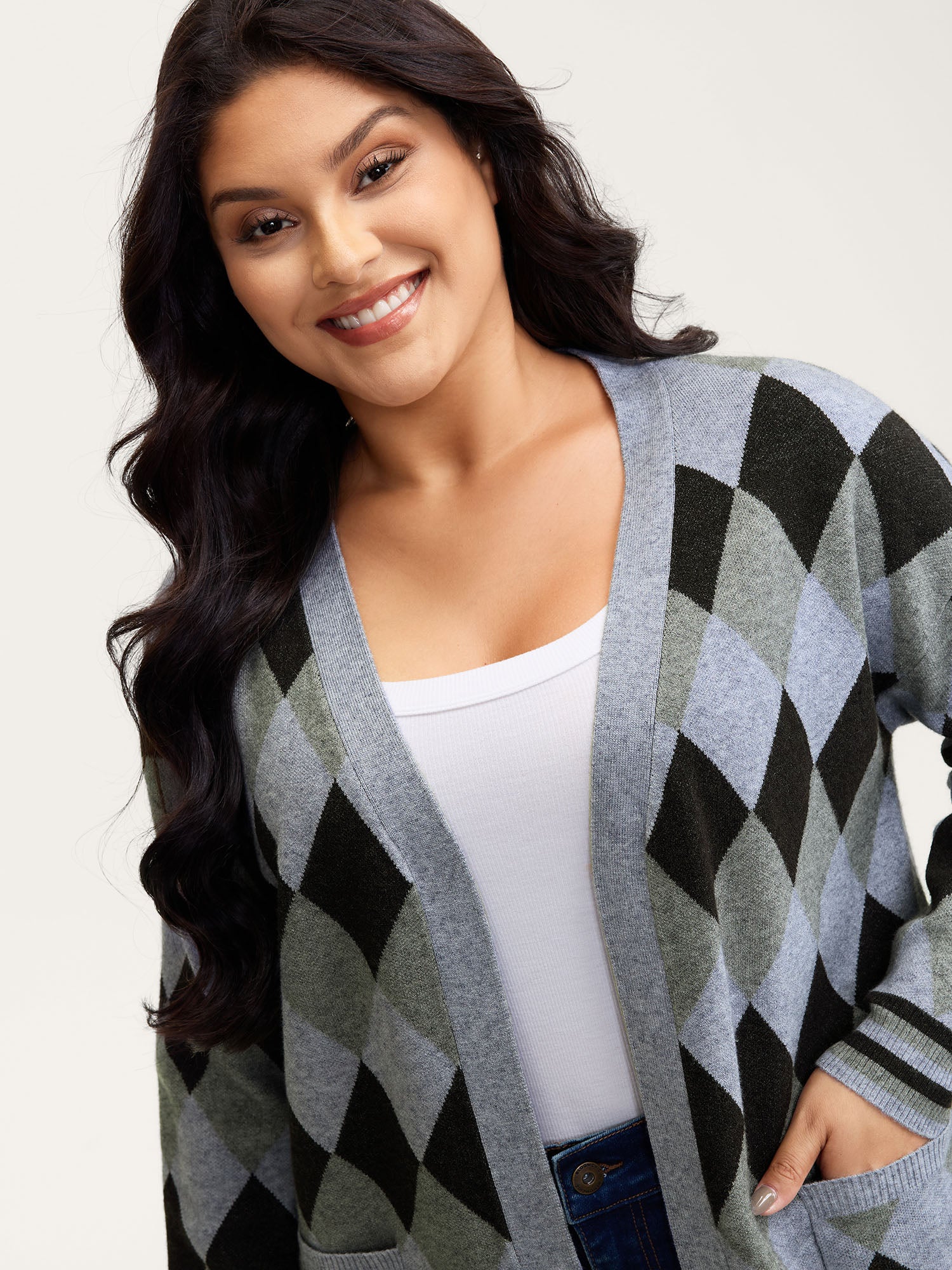 Geometrical Pattern Open-Front Knit Cardigan - Image 2