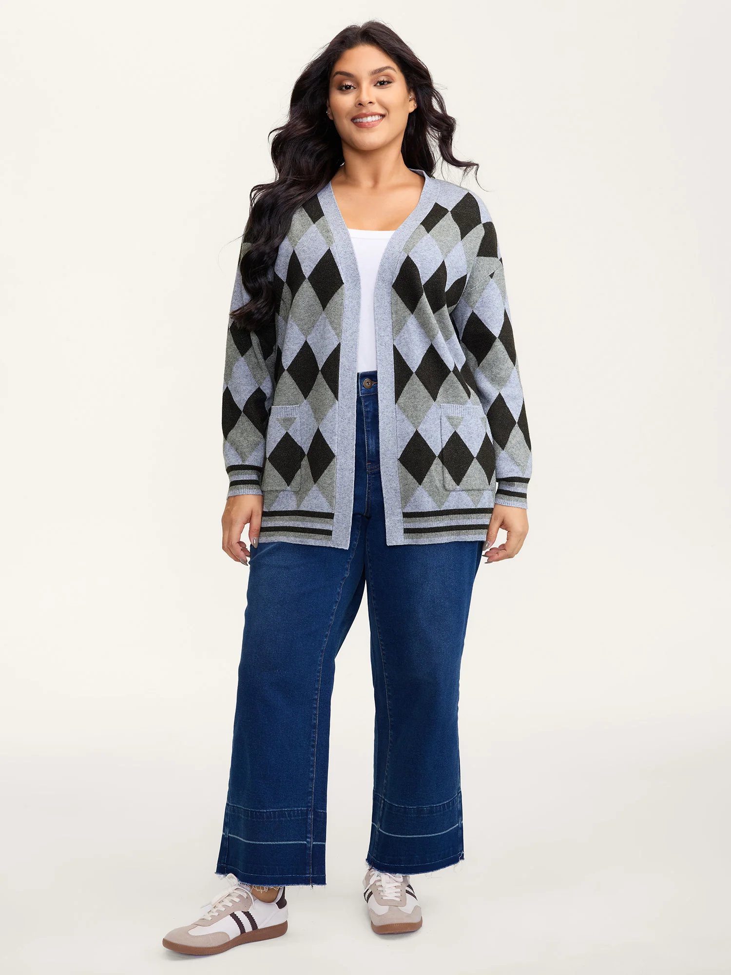Geometrical Pattern Open-Front Knit Cardigan - Image 3