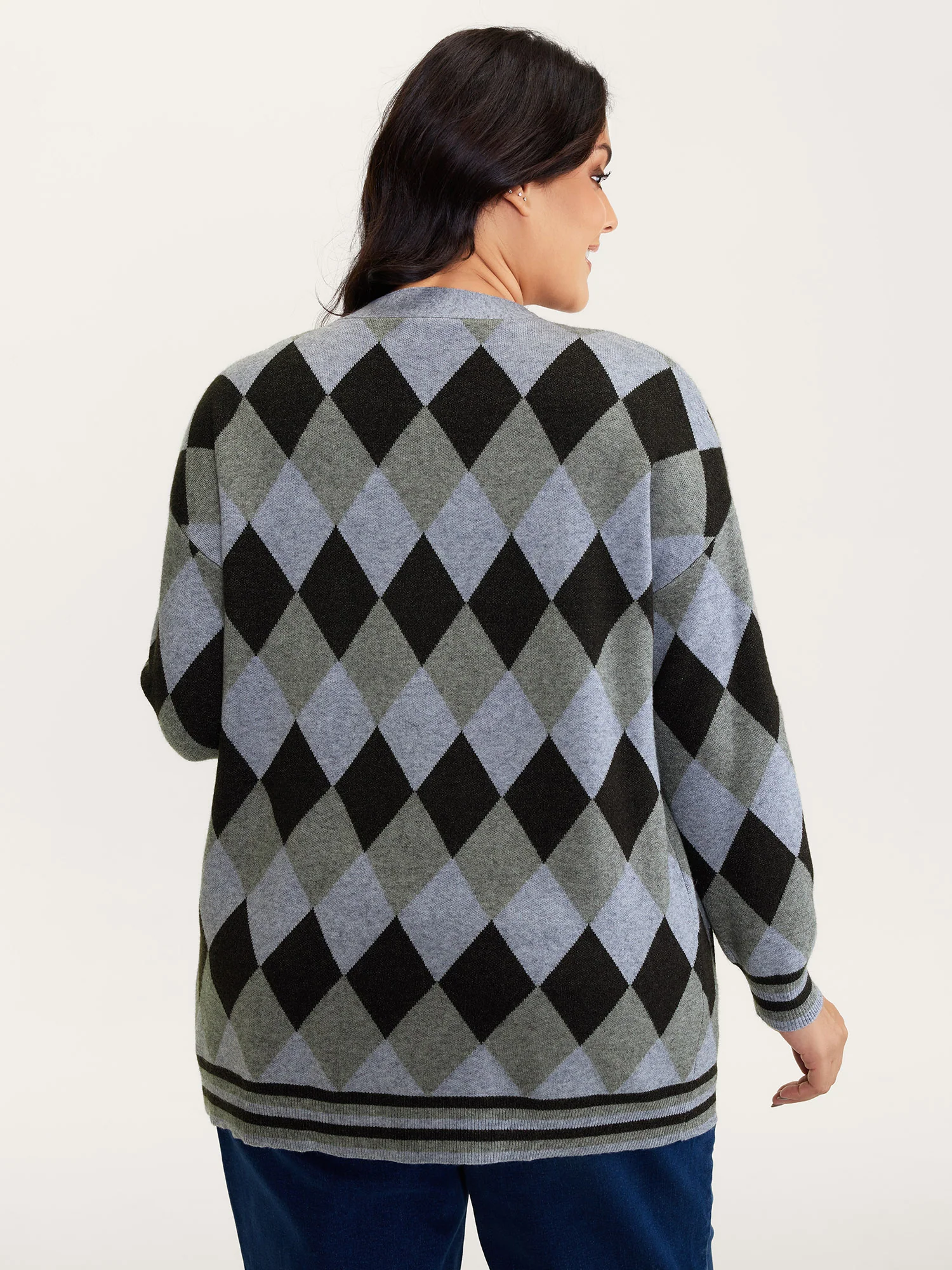 Geometrical Pattern Open-Front Knit Cardigan - Image 4