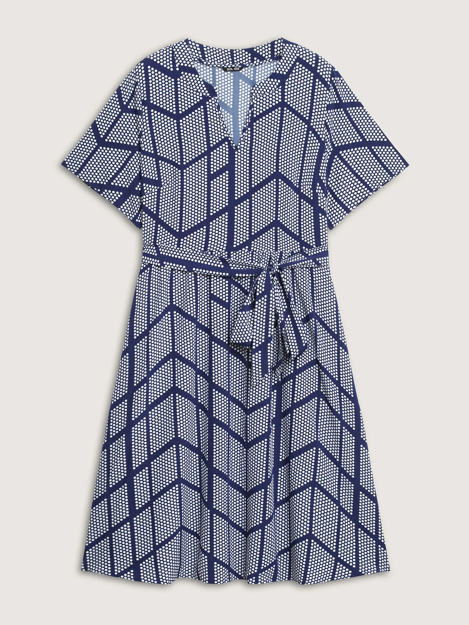 Geometrical Print Notched Collar Belted Midi Dress - Image 7