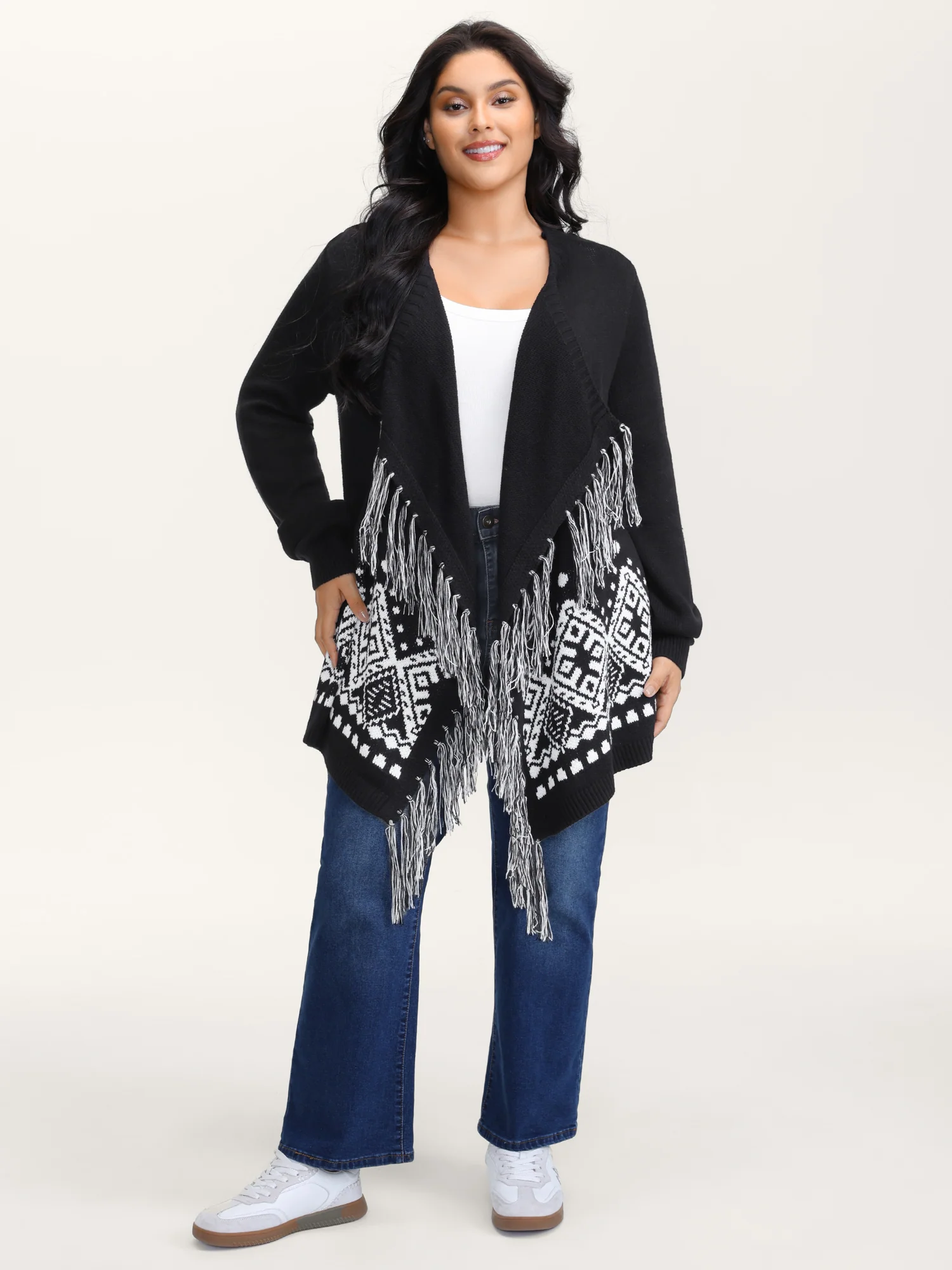 Geometrical Print Tassels Knit Cardigan - Image 3