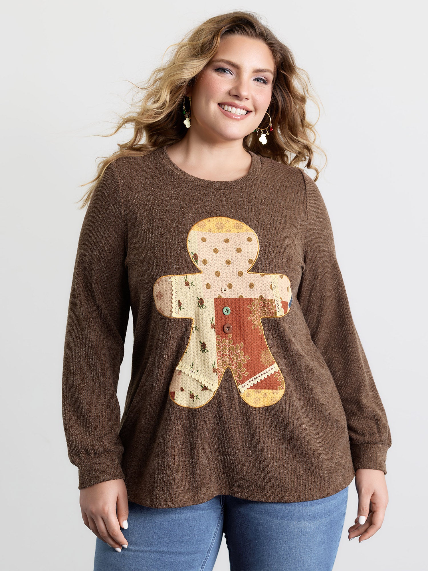 Gingerbread Applique Embroidery Textured T-Shirt - Image 2