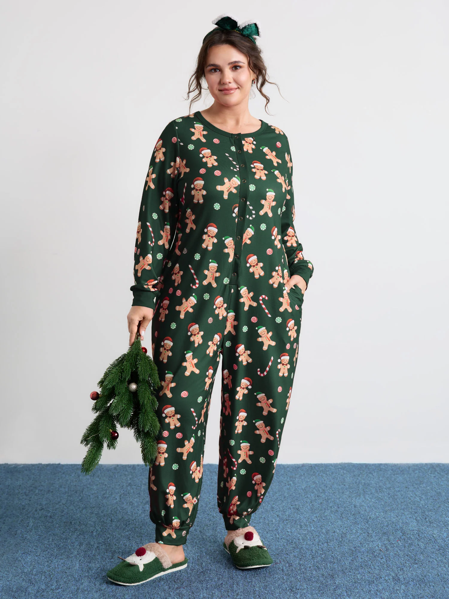 Gingerbread Print Button Placket Jumpsuit - Image 12