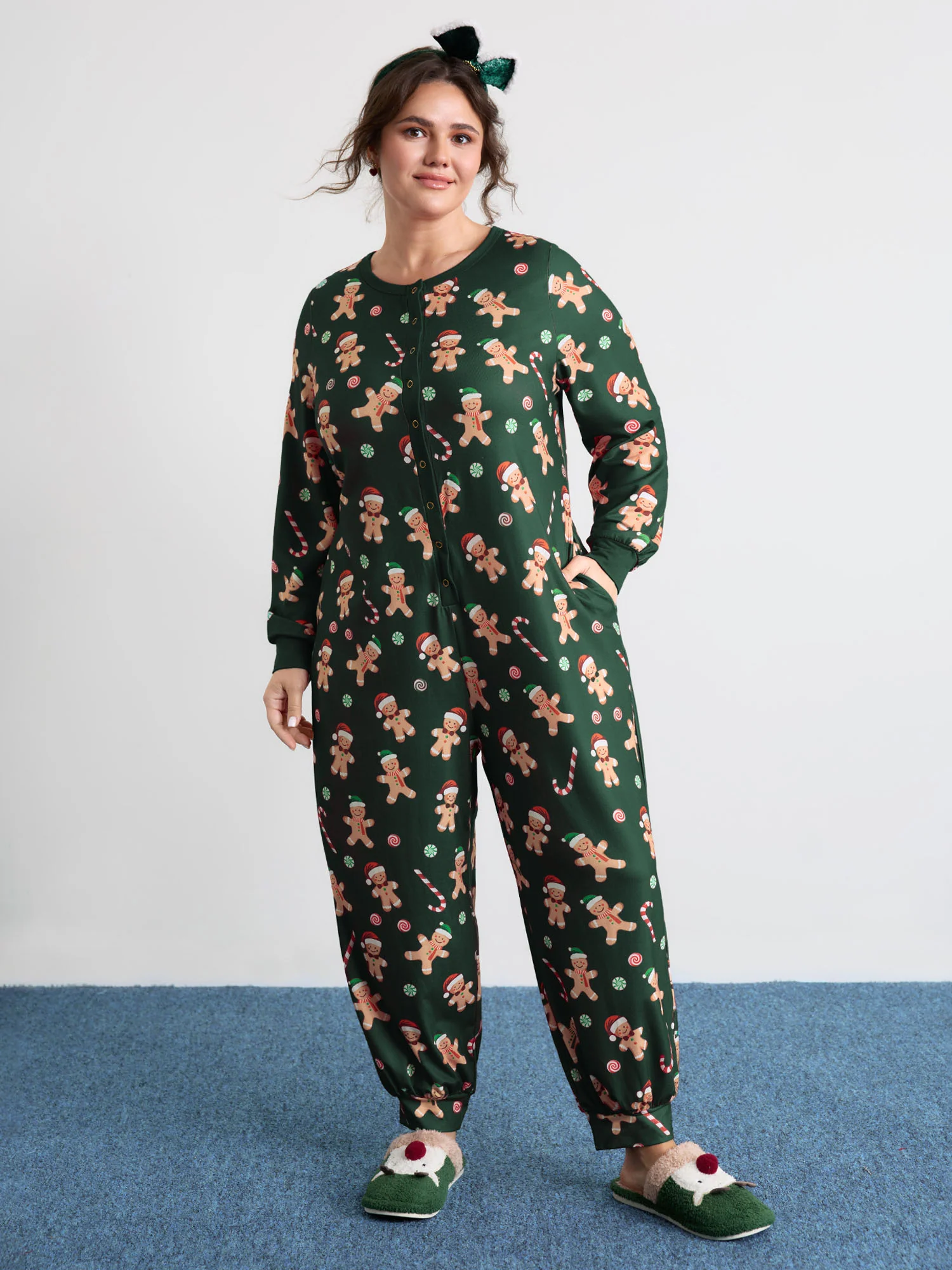 Gingerbread Print Button Placket Jumpsuit - Image 14