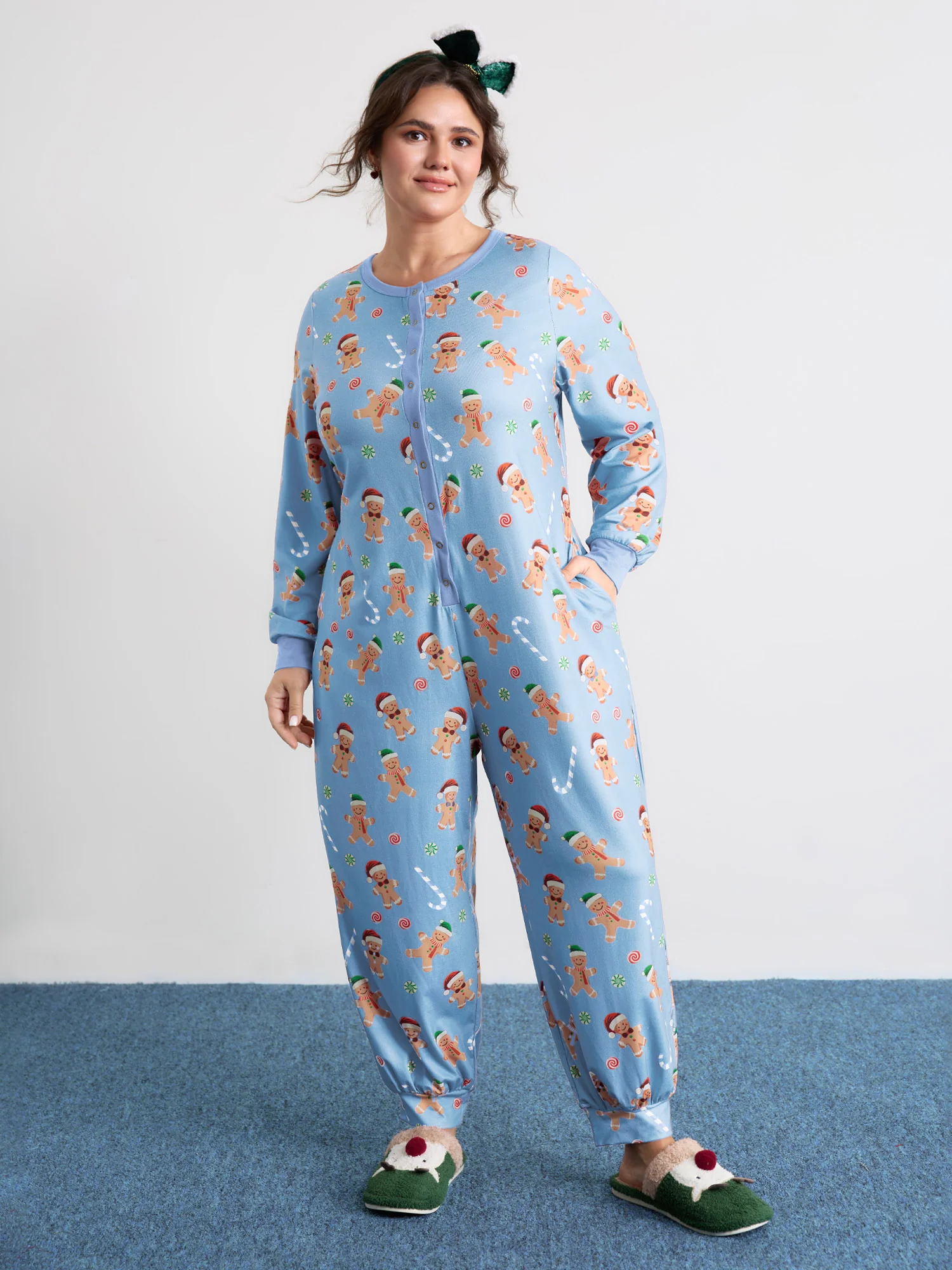 Gingerbread Print Button Placket Jumpsuit - Image 18