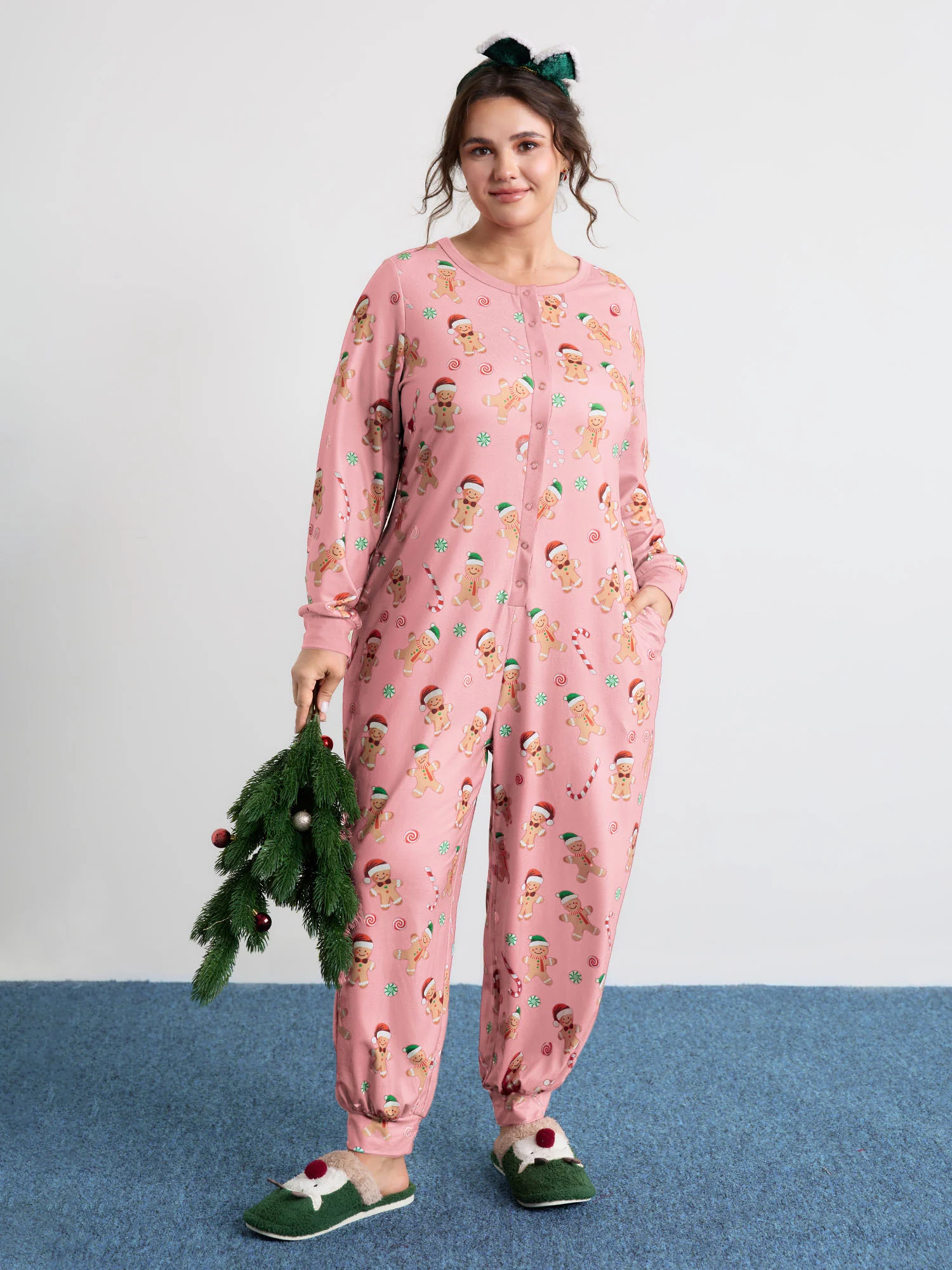 Gingerbread Print Button Placket Jumpsuit - Image 8