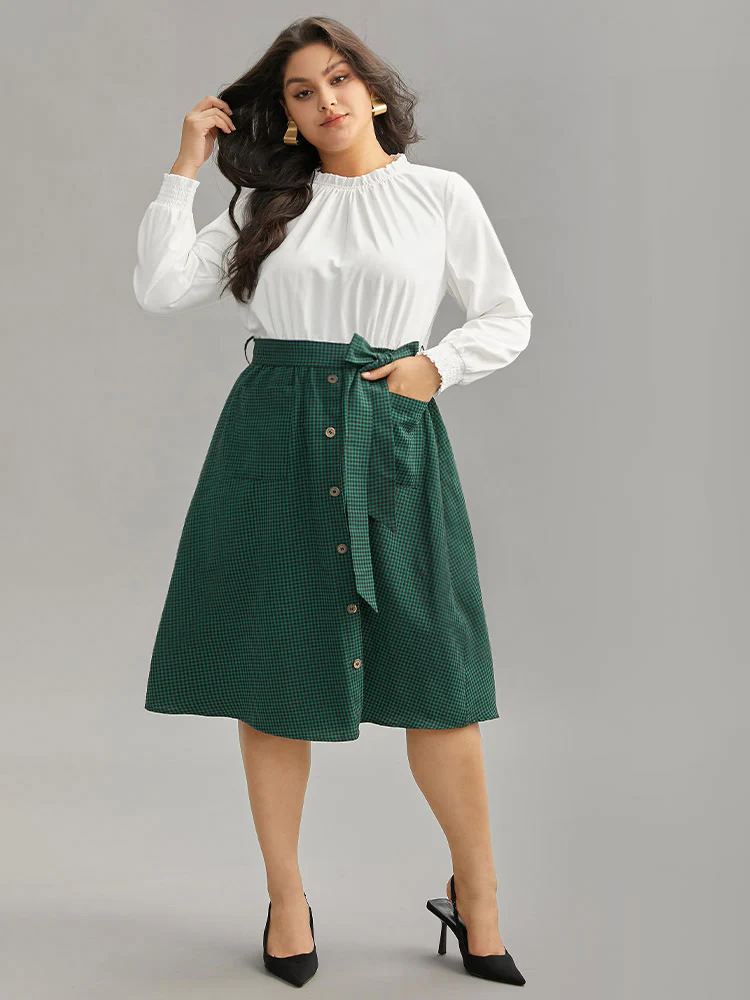 Gingham Belted Frill Trim Button Detail Dress