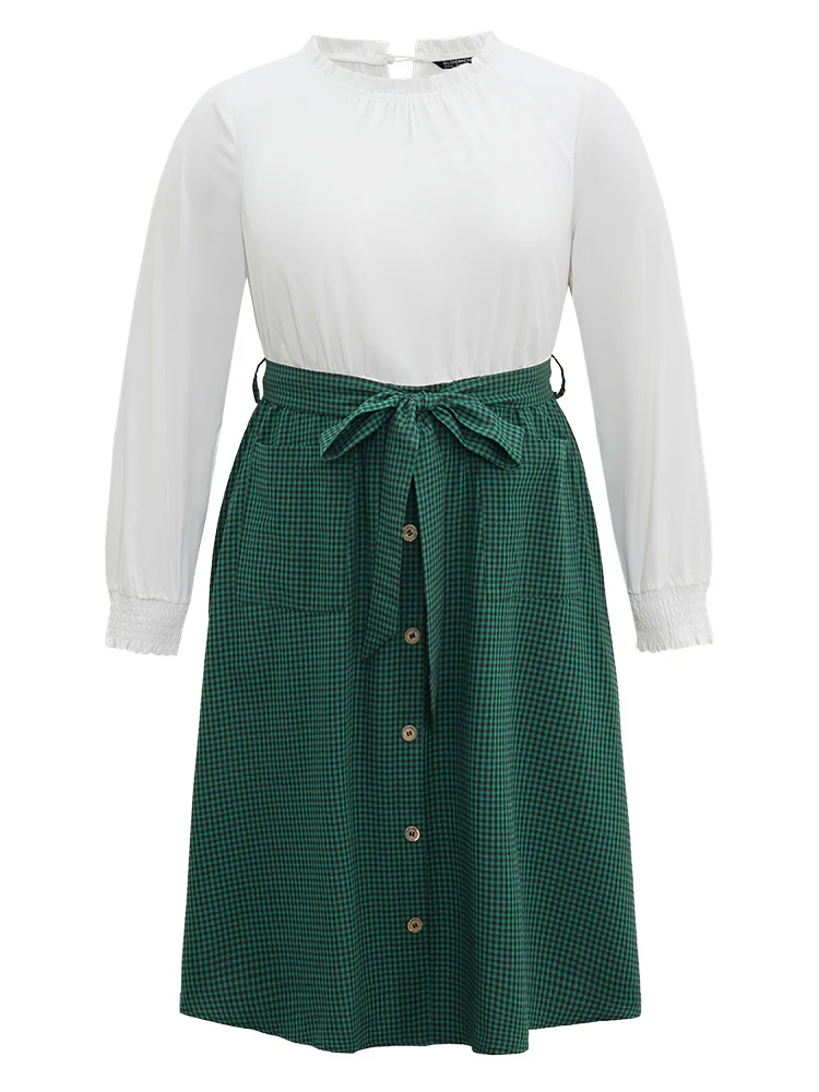 Gingham Belted Frill Trim Button Detail Dress - Image 7