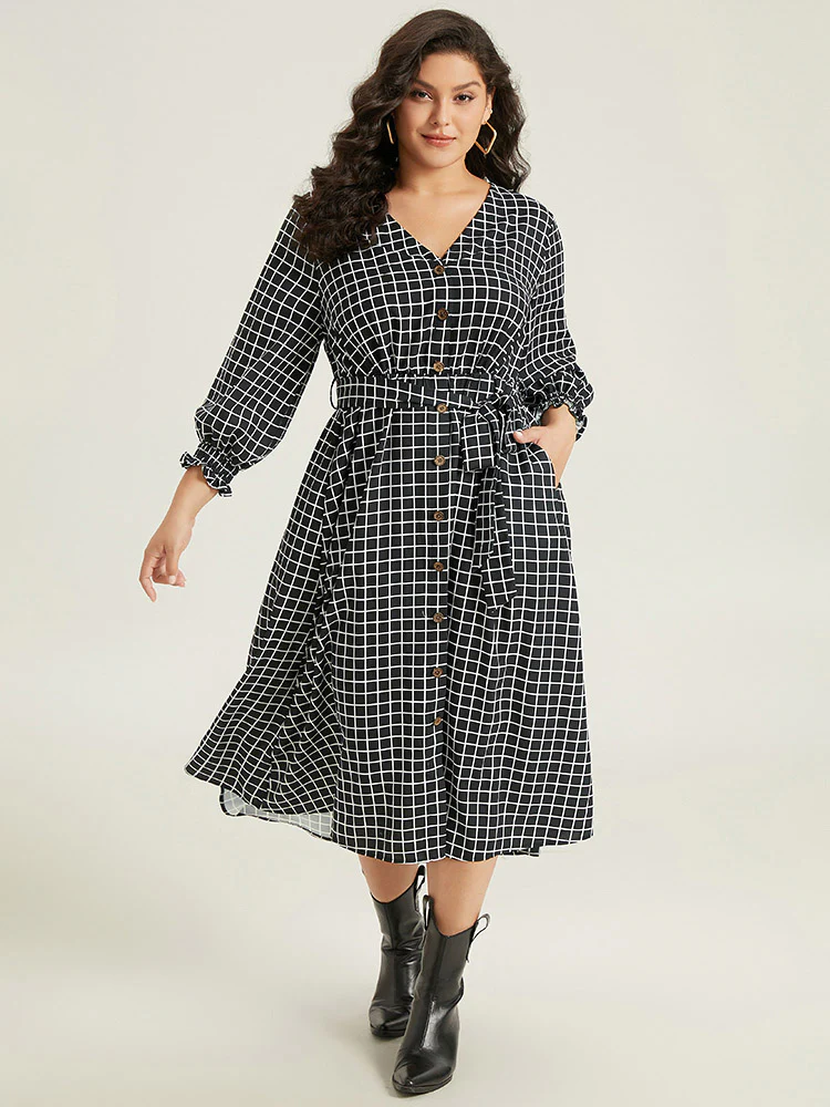 Gingham Button Detail Pocket Lantern Sleeve Dress - Image 2