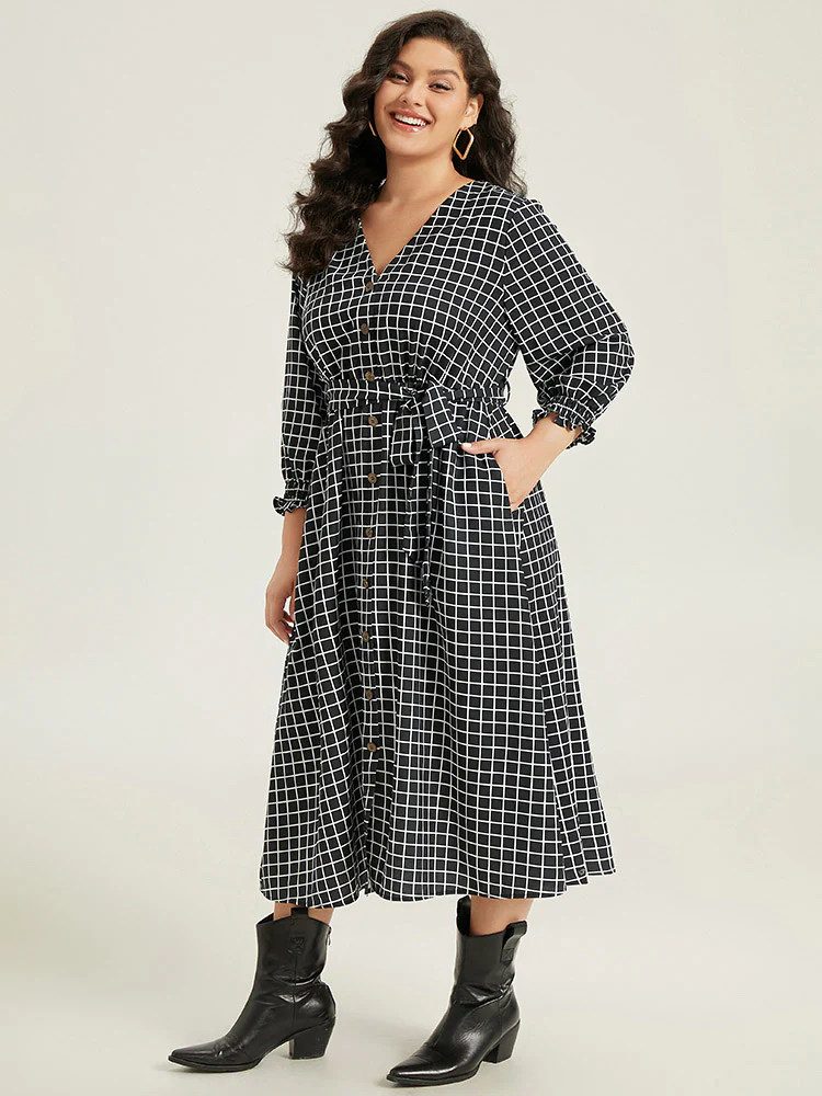 Gingham Button Detail Pocket Lantern Sleeve Dress - Image 3