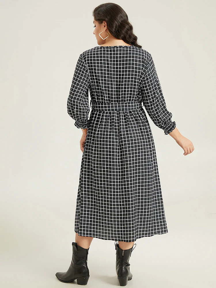 Gingham Button Detail Pocket Lantern Sleeve Dress - Image 4