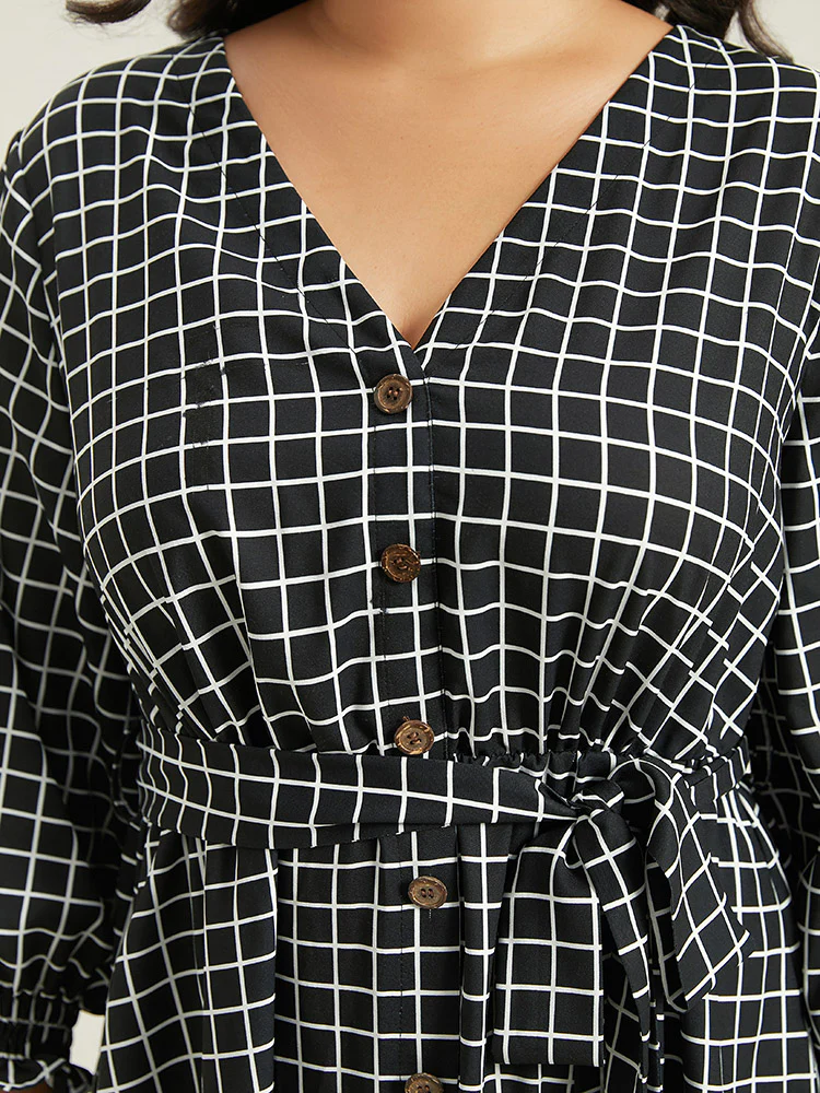 Gingham Button Detail Pocket Lantern Sleeve Dress - Image 5