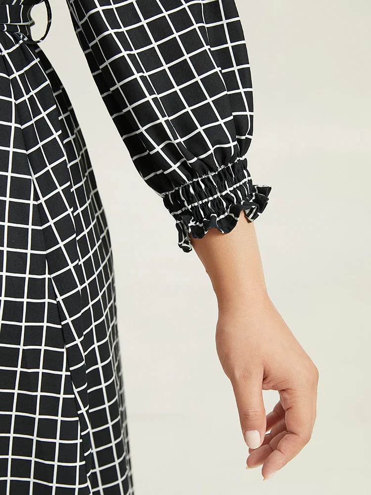 Gingham Button Detail Pocket Lantern Sleeve Dress - Image 6