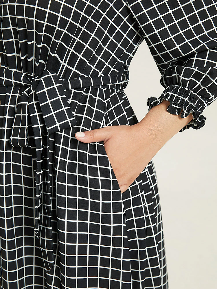 Gingham Button Detail Pocket Lantern Sleeve Dress - Image 7