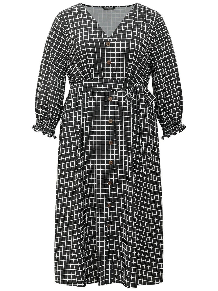 Gingham Button Detail Pocket Lantern Sleeve Dress - Image 8