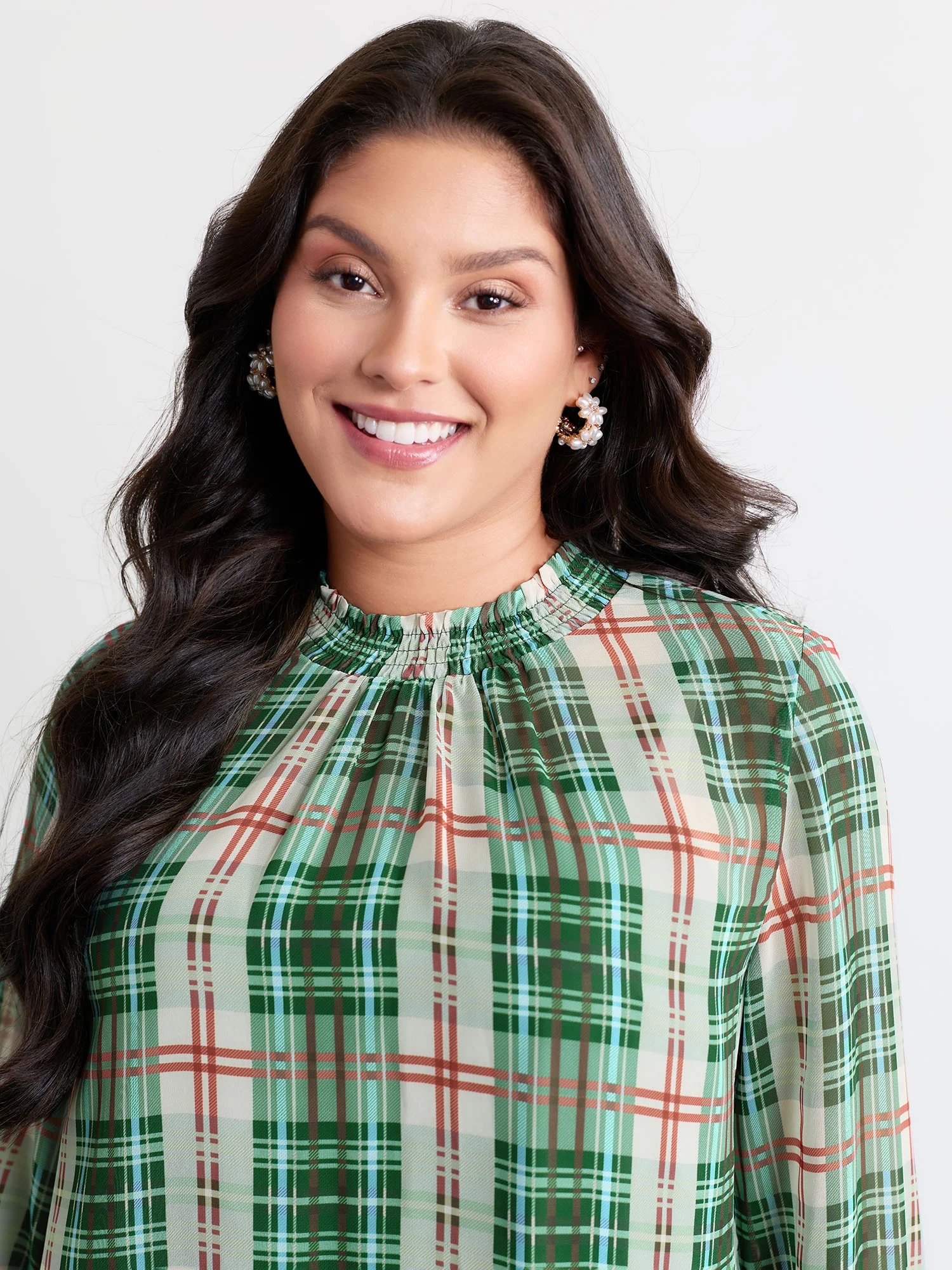 Gingham Chiffon Shirred Blouse - Image 3
