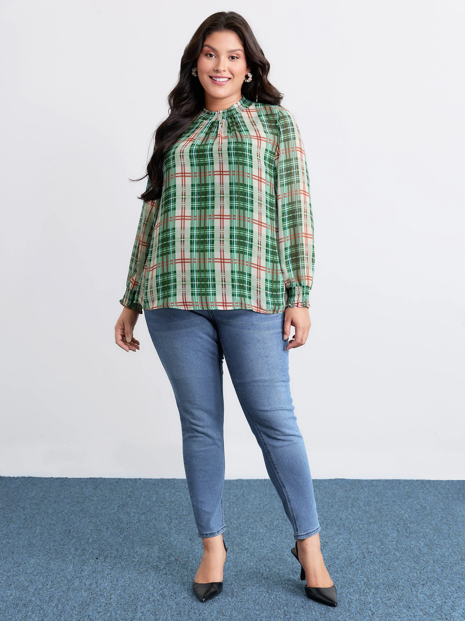 Gingham Chiffon Shirred Blouse - Image 4