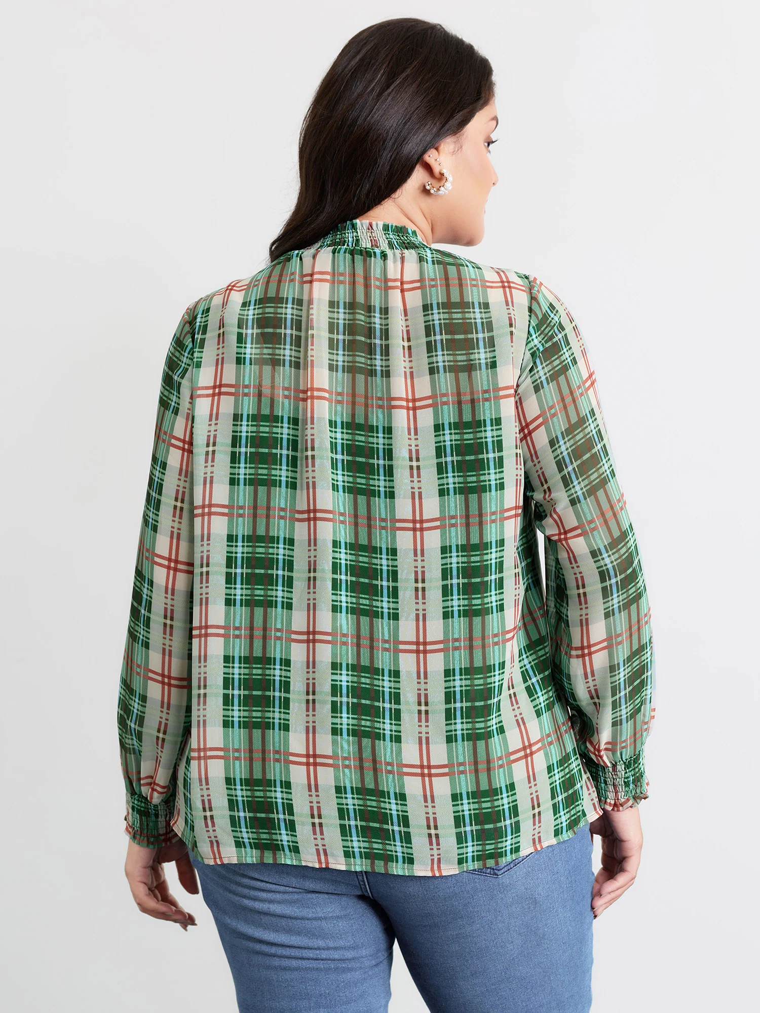 Gingham Chiffon Shirred Blouse - Image 5