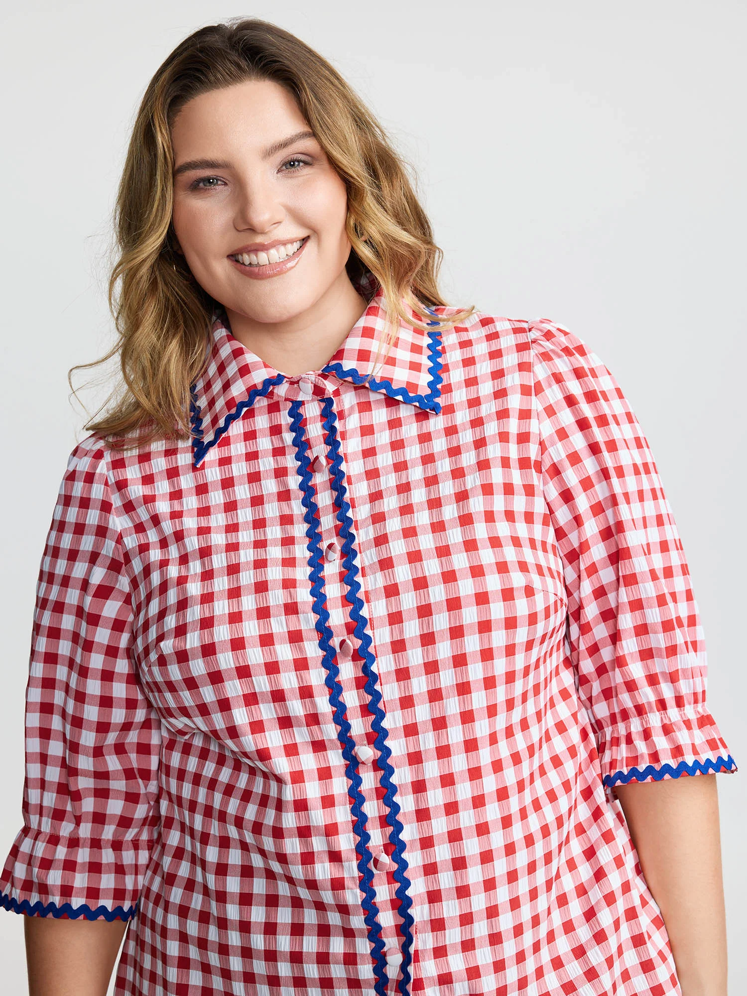 Gingham Color Contrast Edges Blouse
