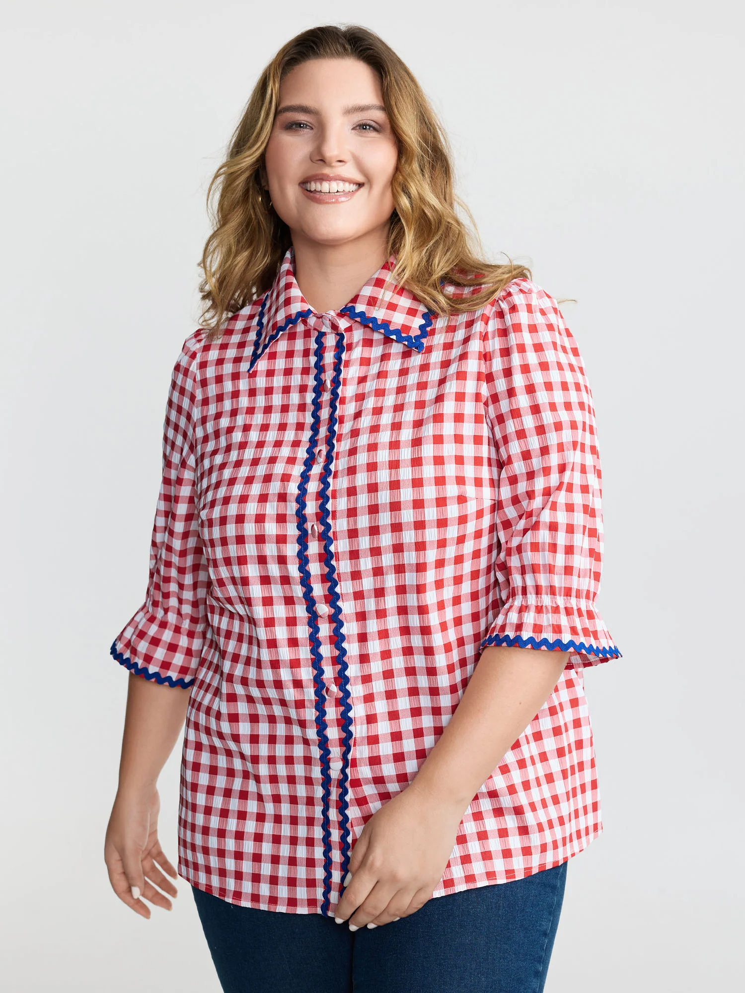 Gingham Color Contrast Edges Blouse - Image 2