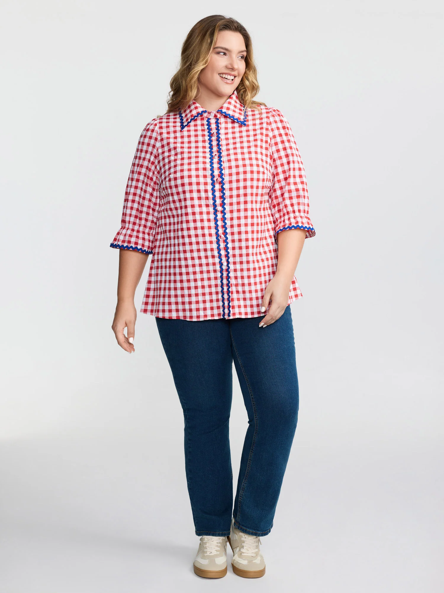 Gingham Color Contrast Edges Blouse - Image 3