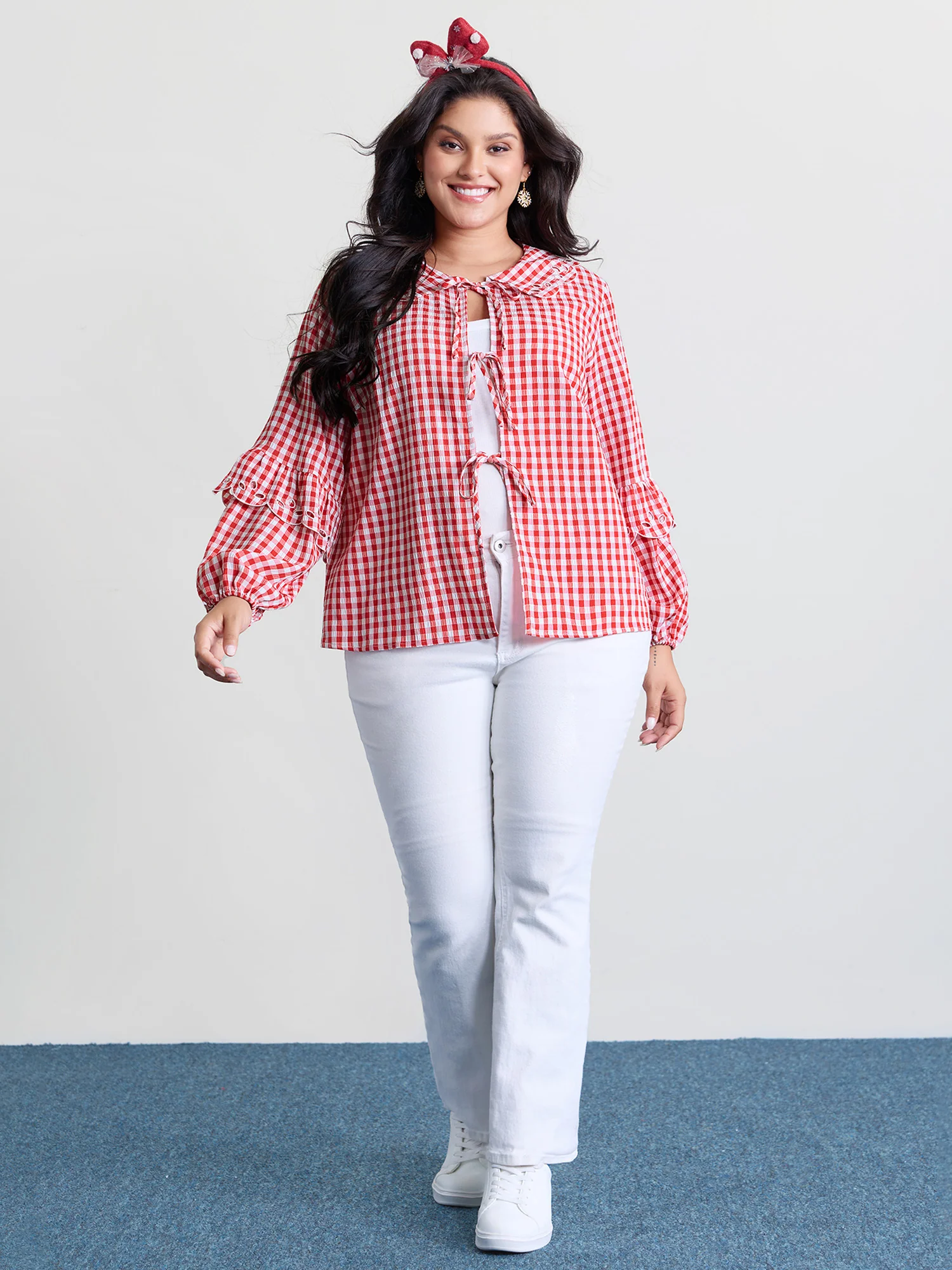 Gingham Embroidered Bow Tie Open-Front Shirt - Image 3