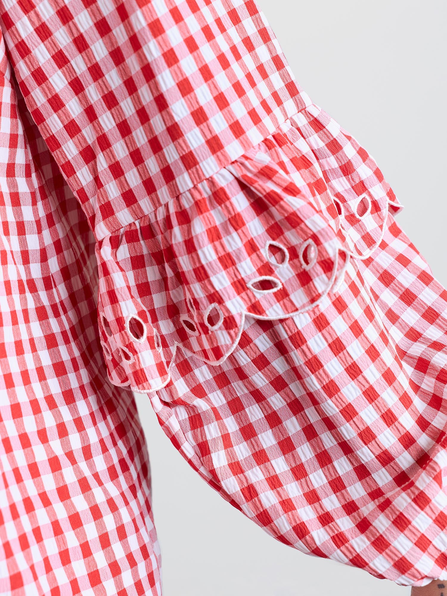 Gingham Embroidered Bow Tie Open-Front Shirt - Image 5