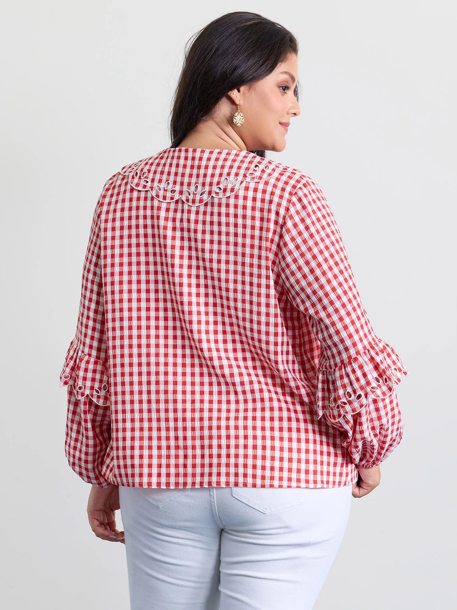 Gingham Embroidered Bow Tie Open-Front Shirt - Image 6